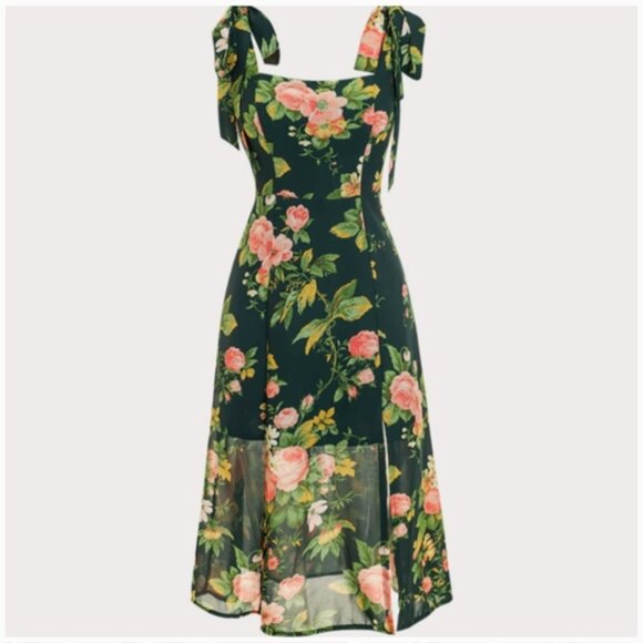 Green Floral Tie Shoulder Slit Midi Dress - Picture 3 of 15